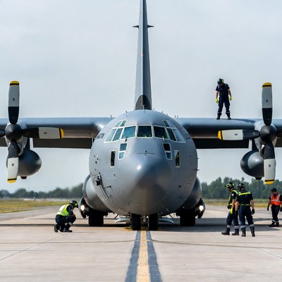 Ground crew servicing C-130 aircraft