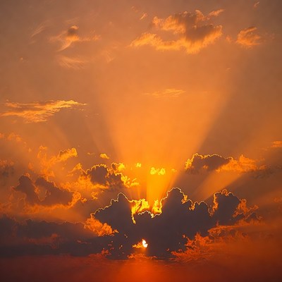 Sun rays piercing orange sunset clouds