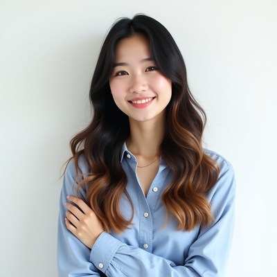 Asian woman smiling in blue shirt
