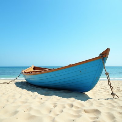 Blue wooden rowboat on beach