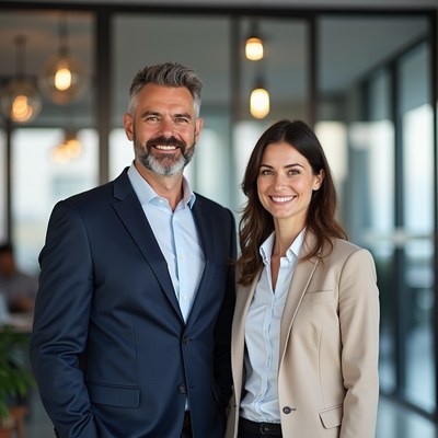 Smiling man and woman in office