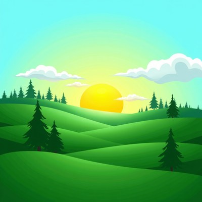 Sunset over green hills with pine trees