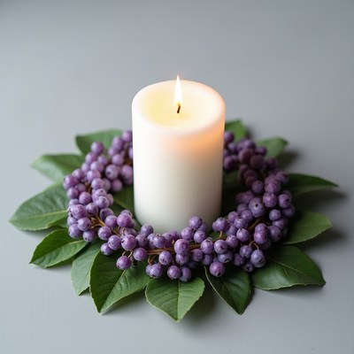 White Candle in Purple Berry Wreath