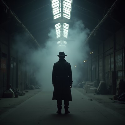 Man in trench coat in foggy warehouse
