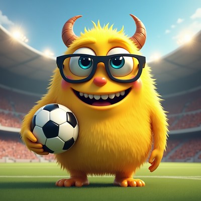 Yellow furry monster holding soccer ball