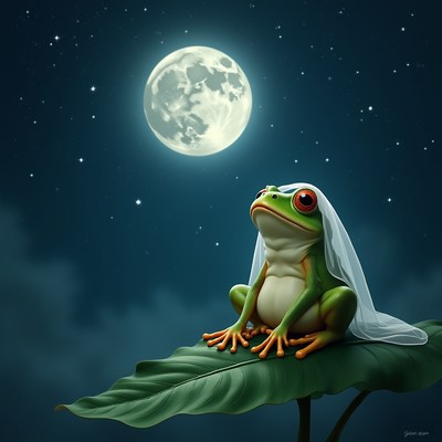 Green frog in veil on leaf under moon