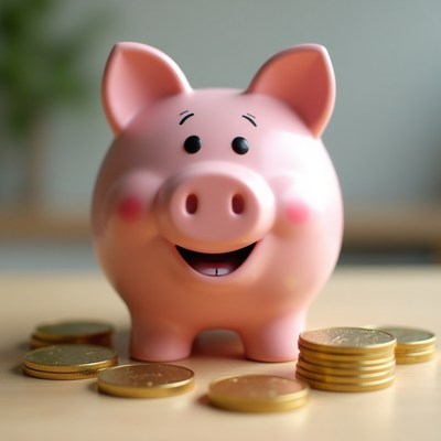 Pink piggy bank with gold coins