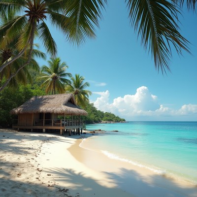 Tropical Beach Bungalow with Palm Trees