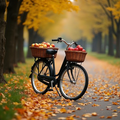 Black bicycle with apple baskets in autumn alley