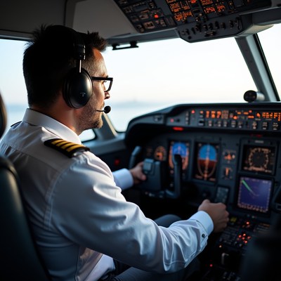 Pilot flying airplane cockpit
