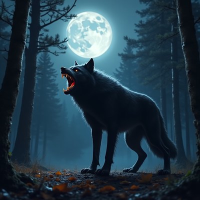 Howling Wolf in Moonlit Forest