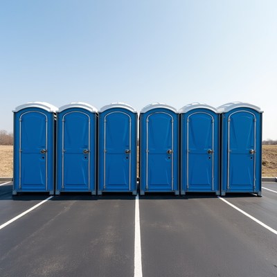 Row of Blue Portable Toilets