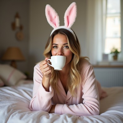 Woman with bunny ears drinking tea