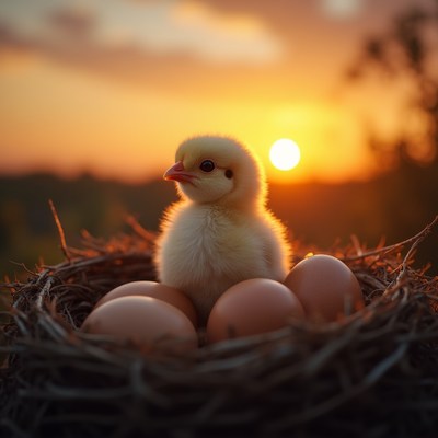 Chick in nest at sunset