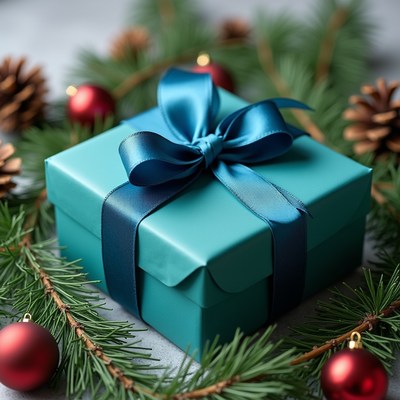Teal Christmas Gift with Blue Bow
