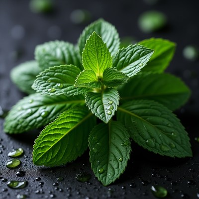 Fresh Mint Leaves with Water Droplets