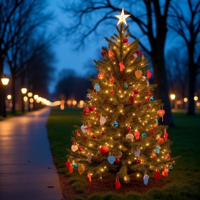 Lit Christmas Tree Park Pathway