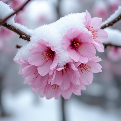 Snow-Covered Pink Cherry Blossoms