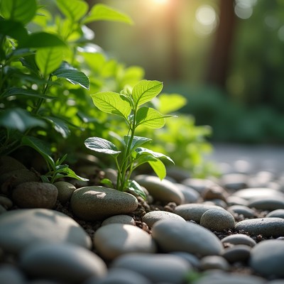 Young green plant among pebbles