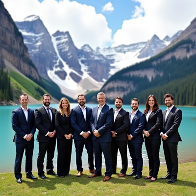 Business team posing by Moraine Lake mountains