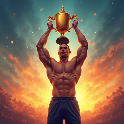 Muscular man holding trophy
