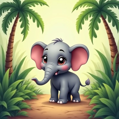 Cute baby elephant in palm jungle