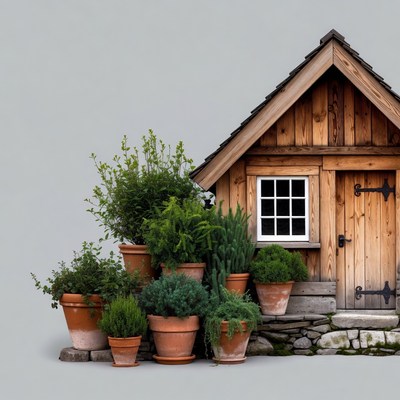Wooden house surrounded by potted plants