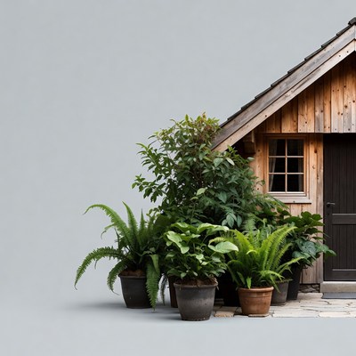 Wooden Cabin with Potted Plants