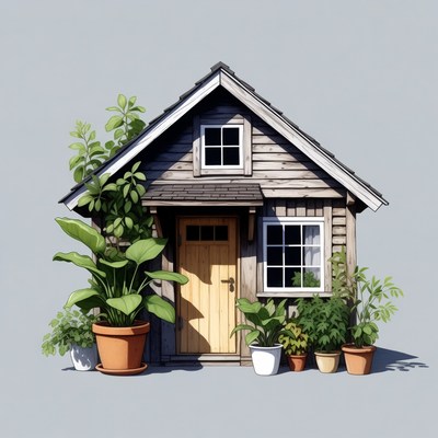 Cozy Wooden Cottage with Plants