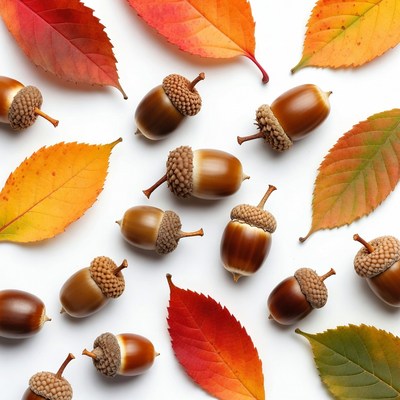 Autumn Acorns and Red Leaves
