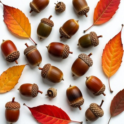 Acorns and Red Autumn Leaves