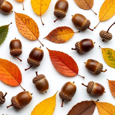 Acorns and Autumn Leaves on White