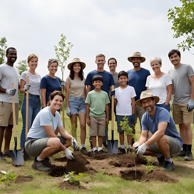 Diverse group planting trees outdoors