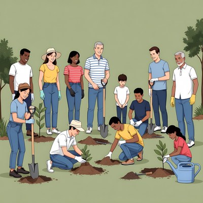 Diverse group planting trees outdoors