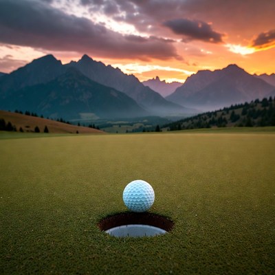 Golf Ball in Hole at Sunset Mountains