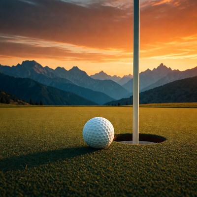 Golf Ball Near Flagstick at Sunset