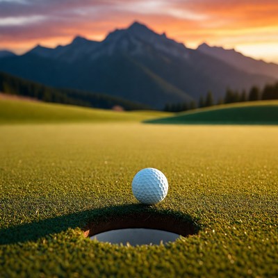 Golf Ball Near Hole at Sunset
