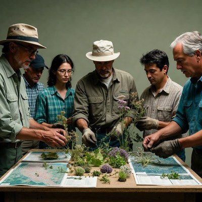 Group examining plants on table