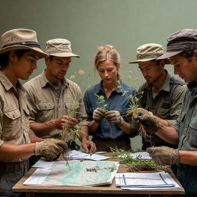 Scientists Examining Plants Around Map