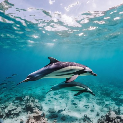 Two dolphins swimming underwater