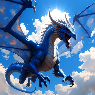 Blue Dragon Flying in Sky