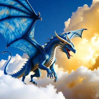 Blue Dragon Flying in Clouds