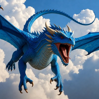 Blue dragon roaring in clouds