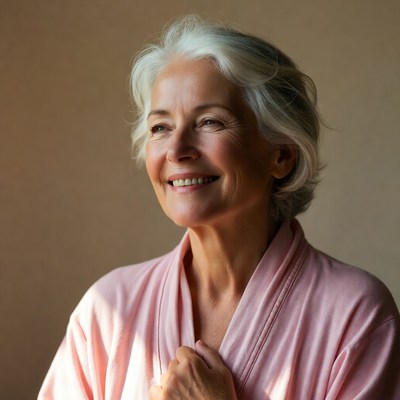 Smiling elderly woman in pink robe