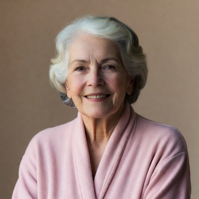 Elderly woman smiling in pink sweater
