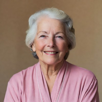 Elderly woman smiling in pink top