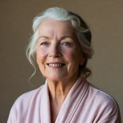 Smiling elderly woman in pink robe