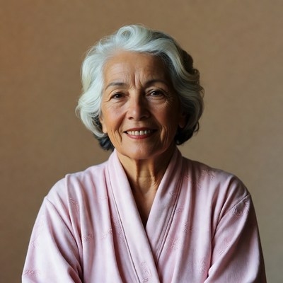 Elderly woman in pink kimono