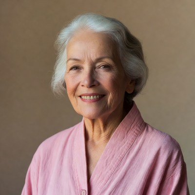 Smiling elderly woman in pink shirt