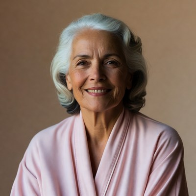 Elderly woman smiling in pink robe